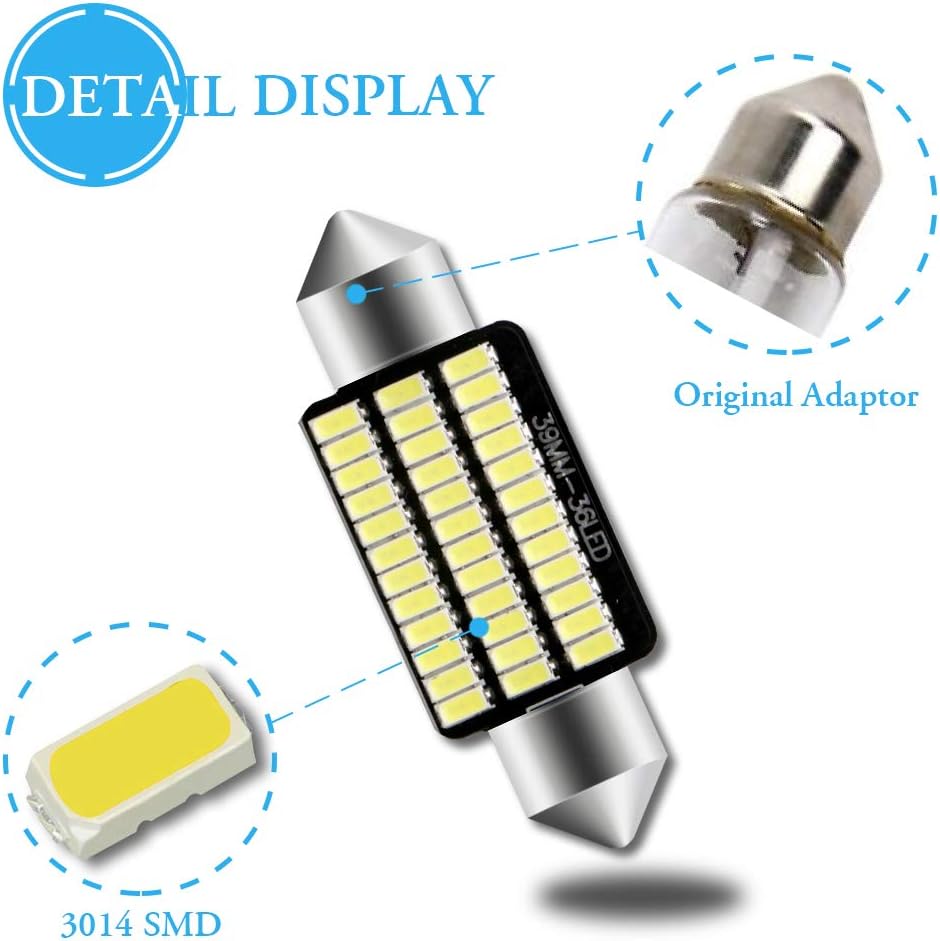 Grandview 4pcs 39MM C5W Canbus White Festoon Interior LED Bulbs with 36-3014-SMD Chips 6411 6413 6418 C5W LED Bulbs for Car Interior Dome Map Door Courtesy License Plate Lights - Image 5