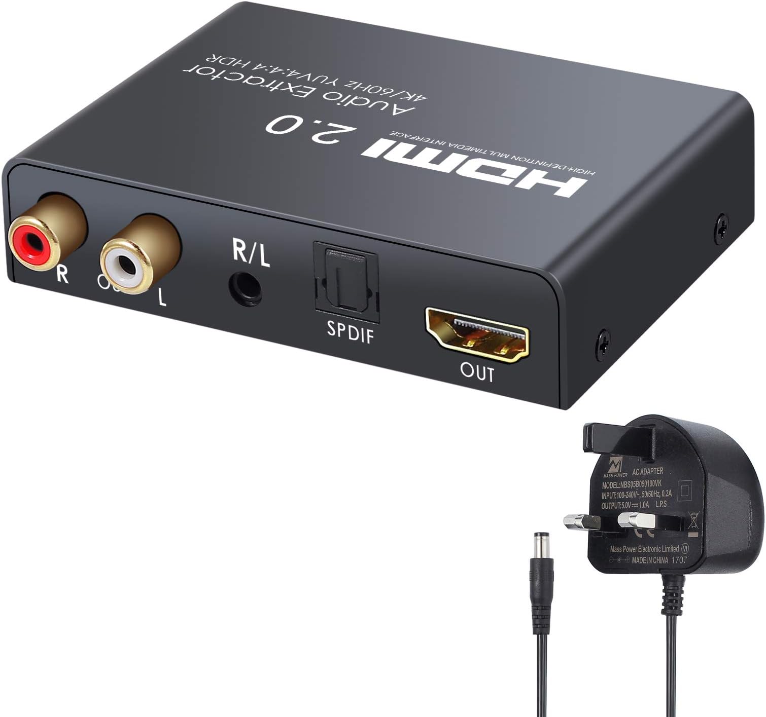eSynic HDMI 2.0 Audio Extractor Support 4K@60Hz and HDR HDMI to Audio Converter Optical TOSLINK SPDIF + Analog RCA L/R 3.5mm Headphone Stereo for Blu-ray Player Xbox One X PS4 Pro Projector HDTV etc