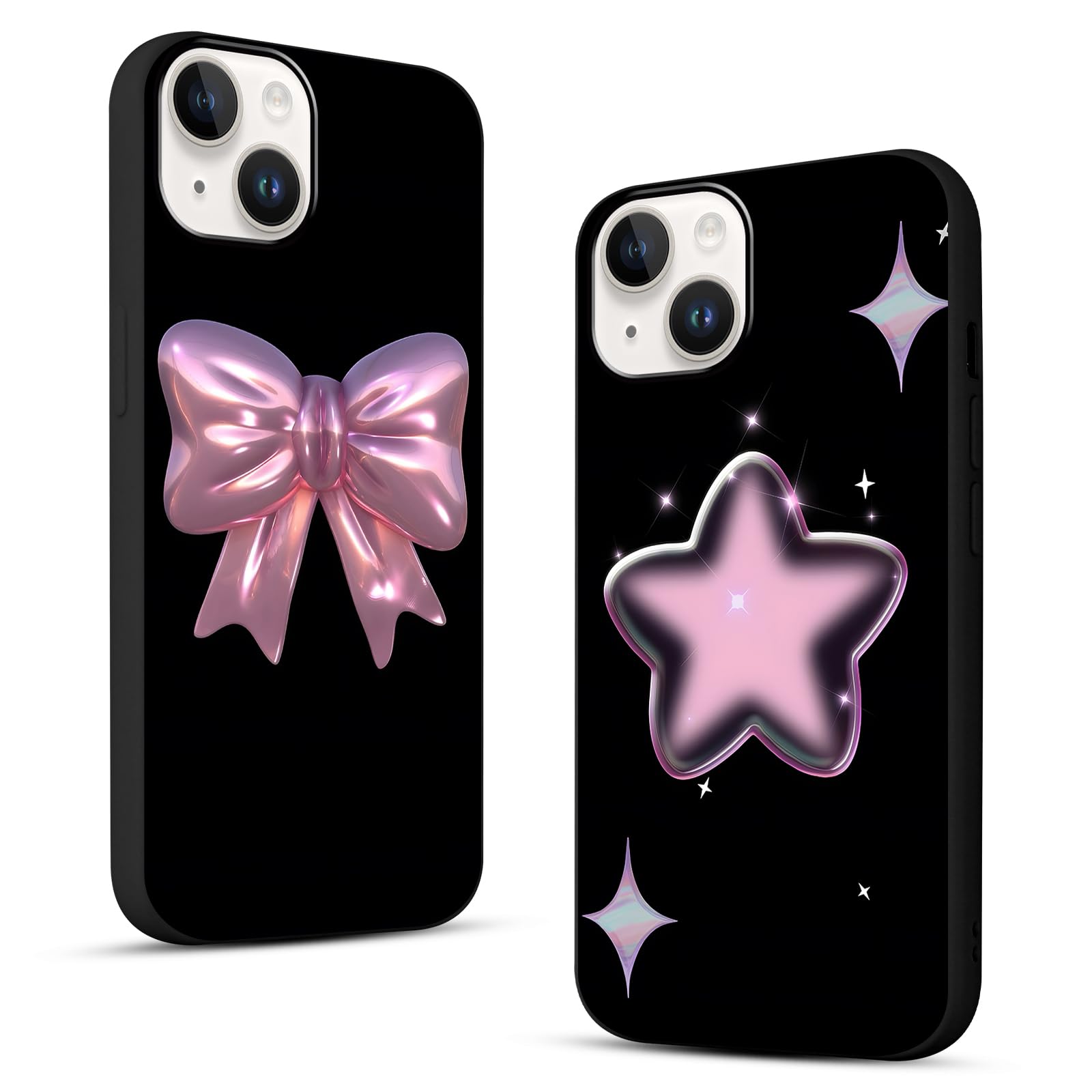 Zrutru 2 Pack Y2K Phone Case for iPhone 14/iPhone 13 6.1",Cute Pink Star Bow Print Cases Kawaii Girly Y3K Bowknot Stylish Design for Women Girls,Black Soft Shockproof Protective Cover for iPhone 14