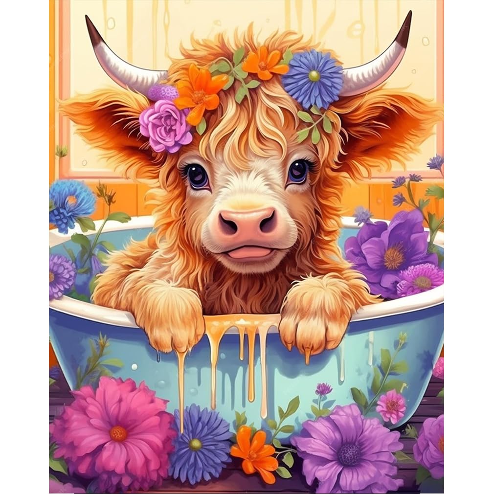 BEAYIOU Cow Diamond Painting Kits for Adults Beginners - Flower Diamond Art Kits for Adults,DIY Round Full Diamond Gem Art Suitable for Home Wall Decor Gifts(11.8x15.7in)