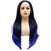 LUSHY BEAUTY Hair Synthetic Lace Front Wig Straight Long 24inch Dark Root Blue Ombre Heavy Density Heat Resistant Realistic Wig