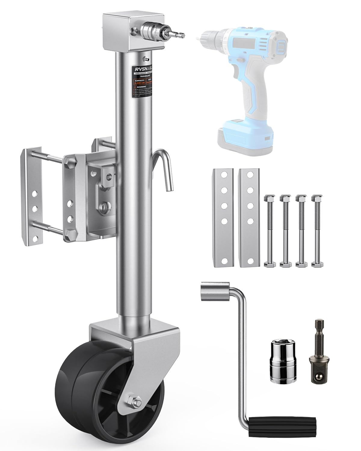 Photo 1 of 2000 lbs Trailer Jack with Dual Wheel Heavy Duty, 12" Lift, 20-24V Cordless Drill Compatible, for RV, Boat, Yacht & Utility Trailers, Sliver