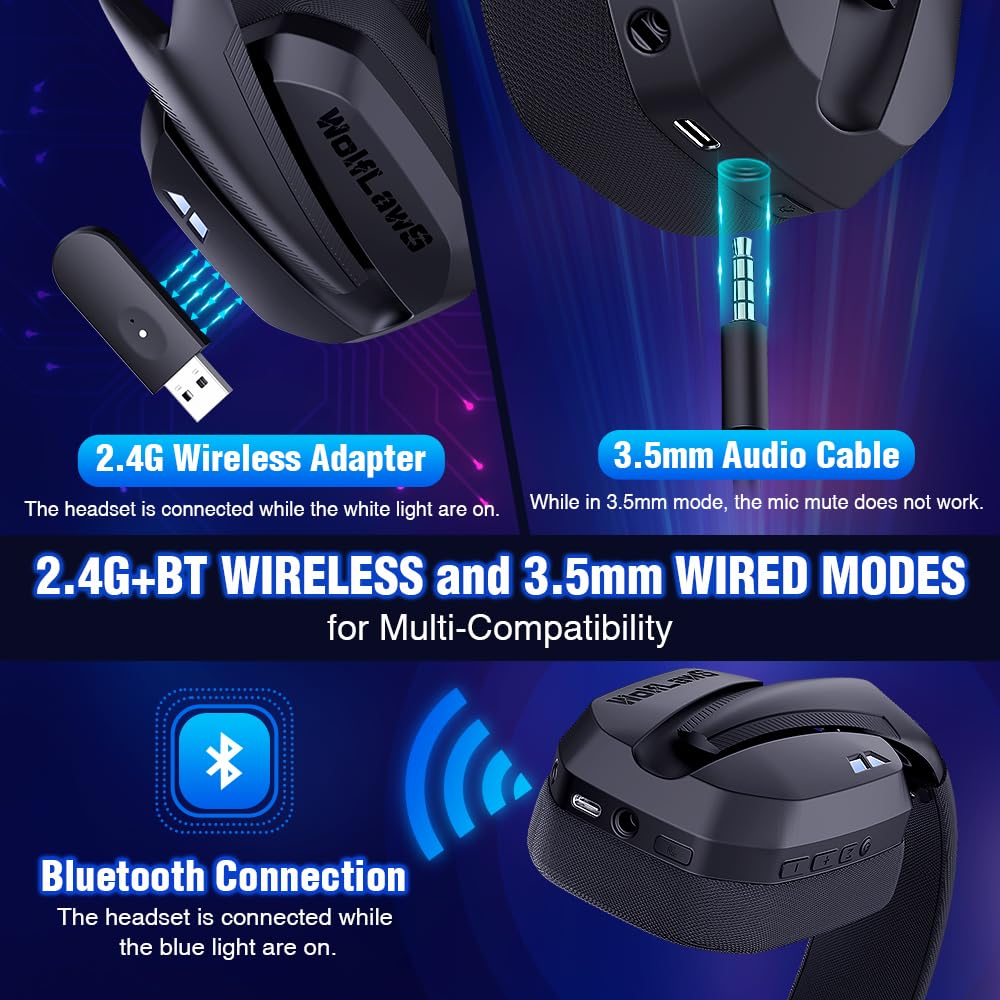 Wireless Gaming Headset for PC, PS5, PS4, Mac, Switch, Bluetooth Over-Ear Headphones with Detachable and Built-in Mics, Low Latency, Lightweight, 48H Battery, Noise Isolation - Black