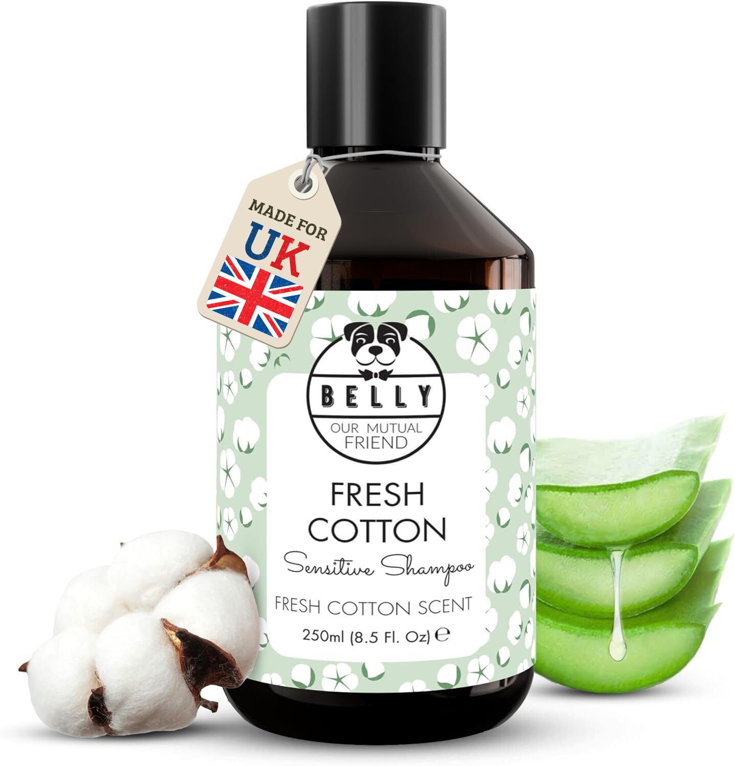 Belly Dog Shampoo for Sensitive Skin (250ml) – All Natural & Hydrating with Aloe Vera, Chamomile & Vitamin B5 – Light Fresh Cotton Scent – Gentle Puppy Shampoo for Dry, Itchy or Allergy-Prone Skin