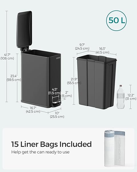 SONGMICS SLIM TRASH CAN, 13-GALLON (50 L) GARBAGE CAN FOR NARROW SPACES WITH SOFT-CLOSE LID, INNER BUCKET, AND STEP-ON PEDAL, STAINLESS STEEL, 15 TRASH BAGS INCLUDED, BLACK ULTB510B48