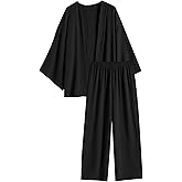 ZAFUL Womens 2 Piece Outfits Linen Lounge Sets High Waisted Pants Oversized Cardigan Set (Classic Black S)