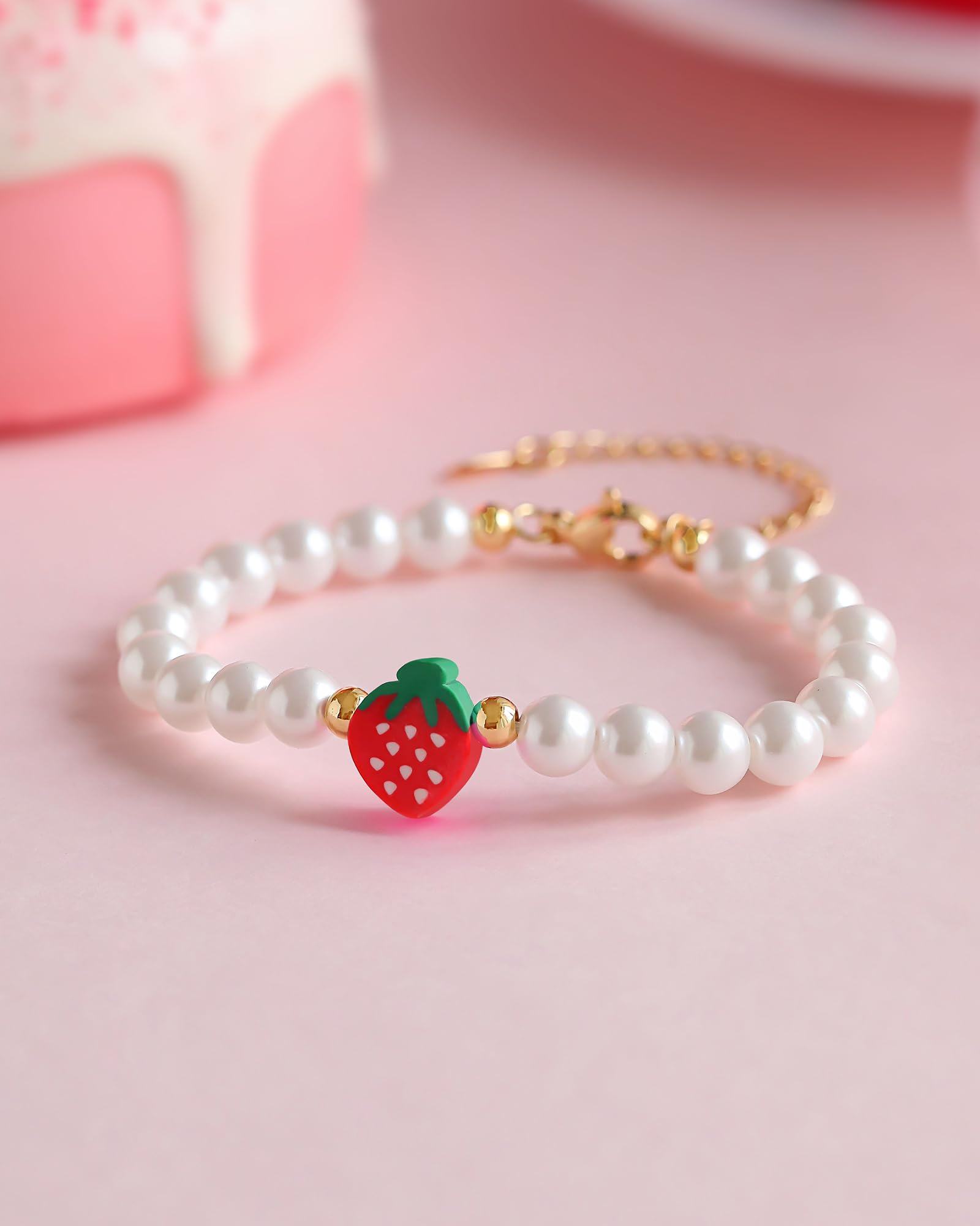 Berry First Birthday Gifts, Adjustable Strawberry Pearls Bracelet for Daughter Niece Granddaughter