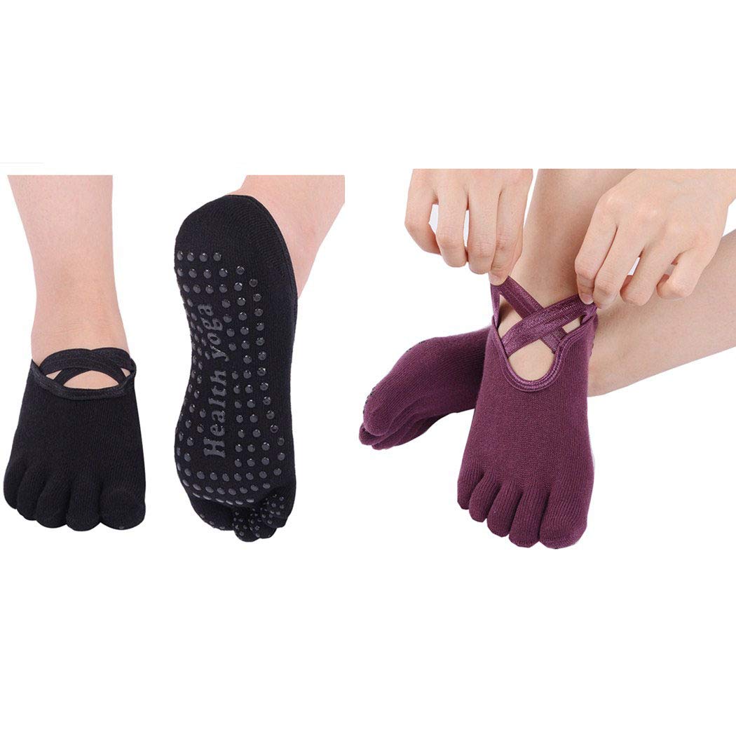 Neoyowo Women\'s Non-Slip Yoga Socks with Full Toe for Pilates Barre Bikram Ballet Studio Hospital Anti-Skid Sox (Black+Purple)