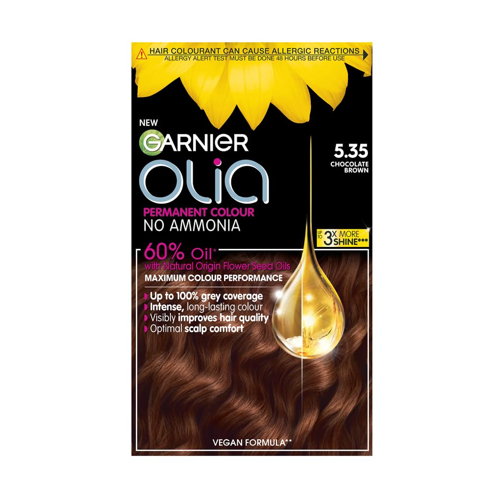 Garnier Olia 5.35 Rich Chocolate Brown, oil-powered, no-ammonia. 100% grey coverage. Luminous, long-lasting, vibrant rich chocolate brown color with exceptional shine. โ image 1