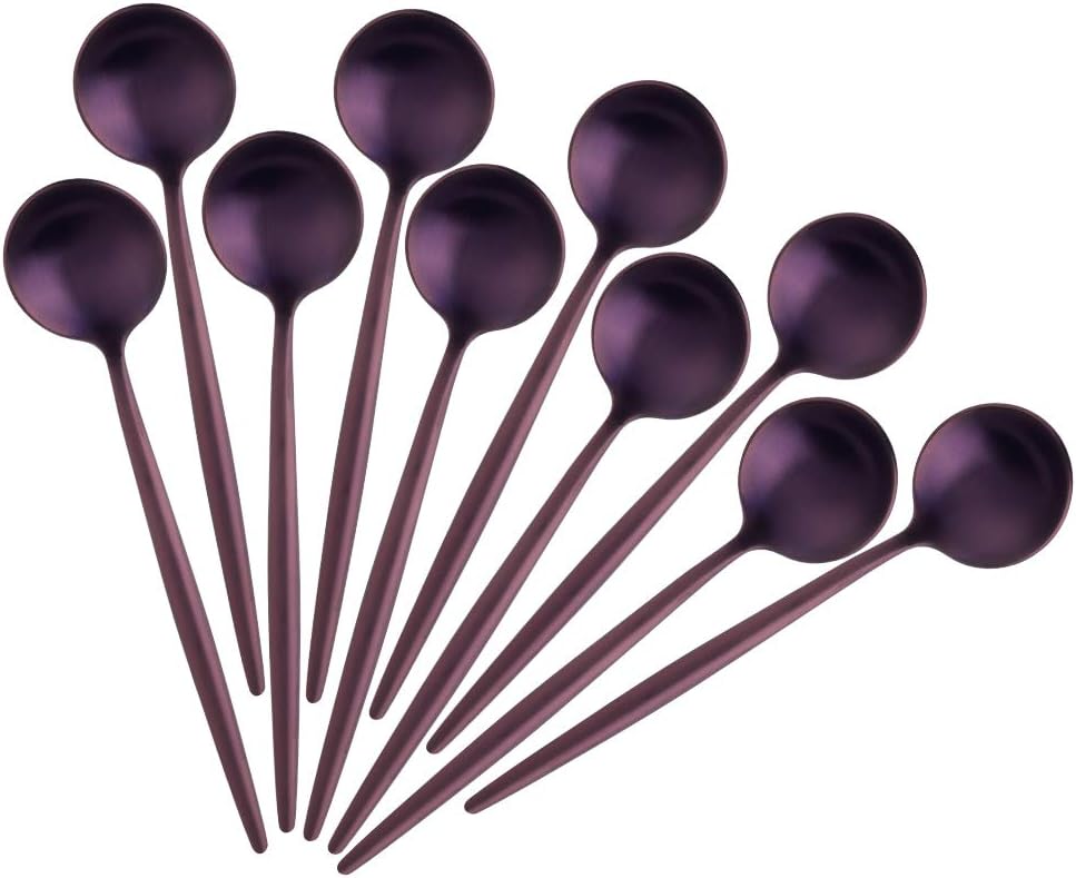 Bisda Small Coffee Spoons, Stainless Steel Teaspoons Set of 10, 4.7 Inches in Length Purple Colored Espresso Spoons, Used for Dessert Cappuccino Cake Ice Cream Sugar, Matt Polished Portuguese Style