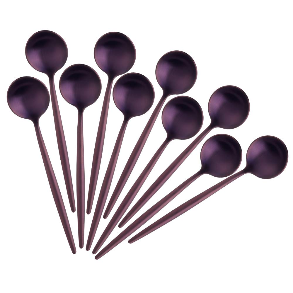 Bisda Small Coffee Spoons, Stainless Steel Teaspoons Set of 10, 4.7 Inches in Length Purple Colored Espresso Spoons, Used for Dessert Cappuccino Cake Ice Cream Sugar, Matt Polished Portuguese Style