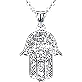 Friggem Hamsa Hand Necklace,925 Sterling Silver Pendant Jewelry for Women,Sacred Vintage Hand of Fatima Evil Eye Pendant with Fine Jewelry Gift Women's Path of Symbols Success Friendship Lotus Charm