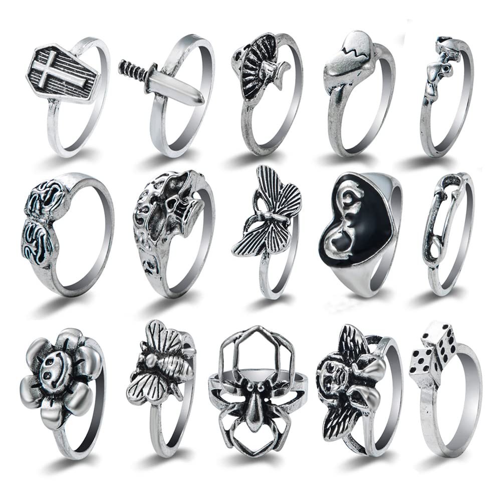 TOFBS Vintage Silver Punk Rings Set - Men & Women Open Chunky Knuckle Emo Stackable Animal Boho Y2K Ace Butterfly Snake Skull Heart Flower Rings (15 Pcs)