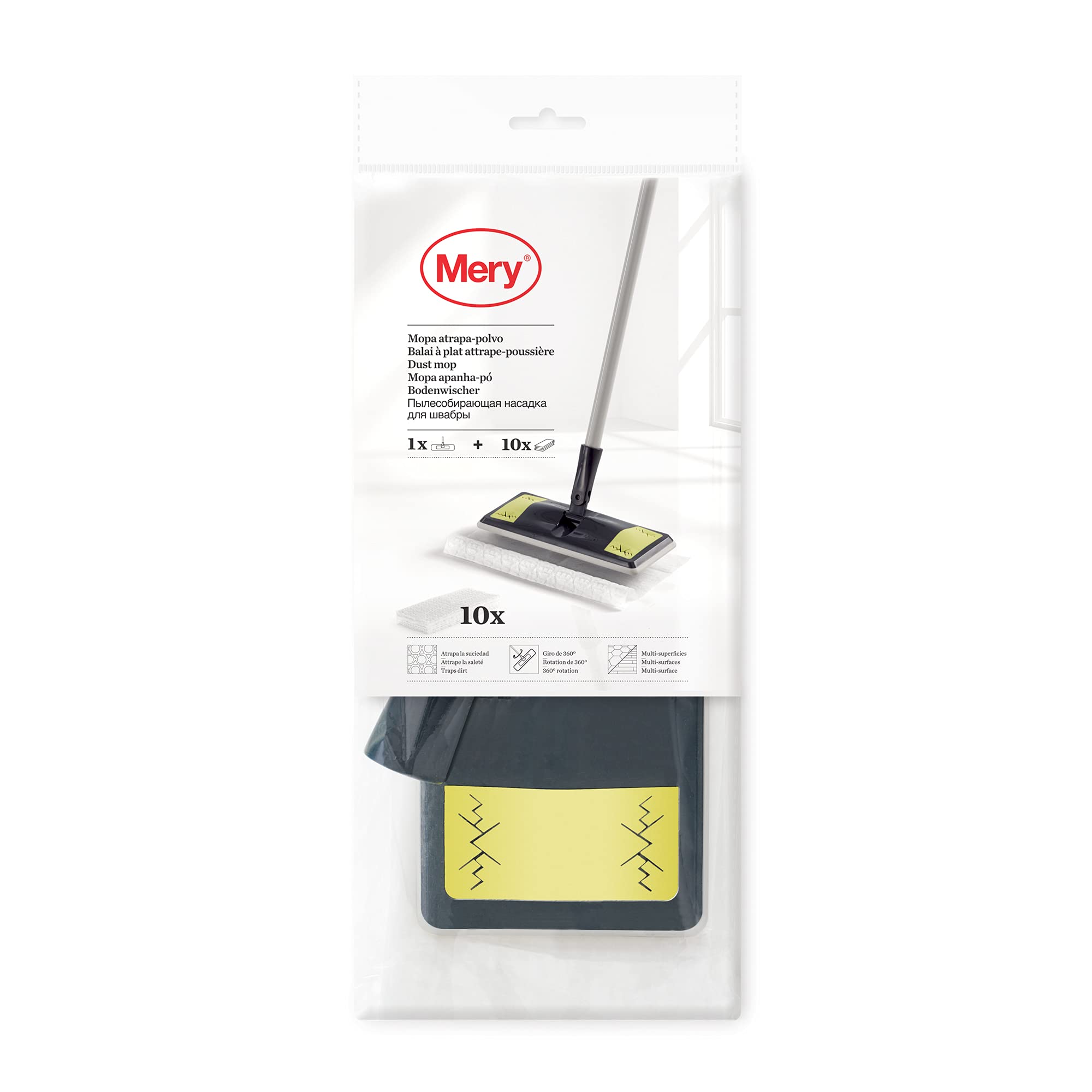 Mery Dust Catcher Mop with 10 Suede Refills, PP, TRP Not Spun, Grey, Lime and White, 28.5 x 10, Gamuzas 29.5 x 21.5 cm