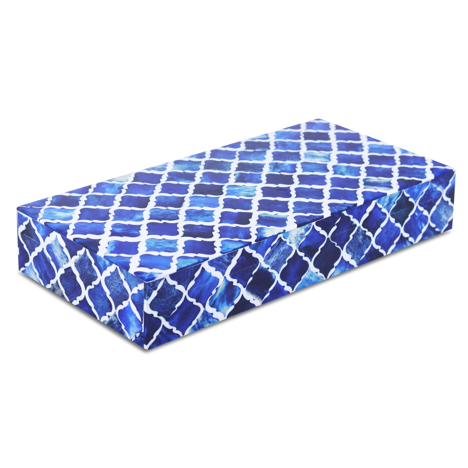 Handicrafts Home Large Decorative Storage Box with Lid, Moroccan Coffee Table Storage Organizer Box, Wooden Remote Holder Keepsake Storage Box, Console Table Storage, Blue, 12 x 6 x 2