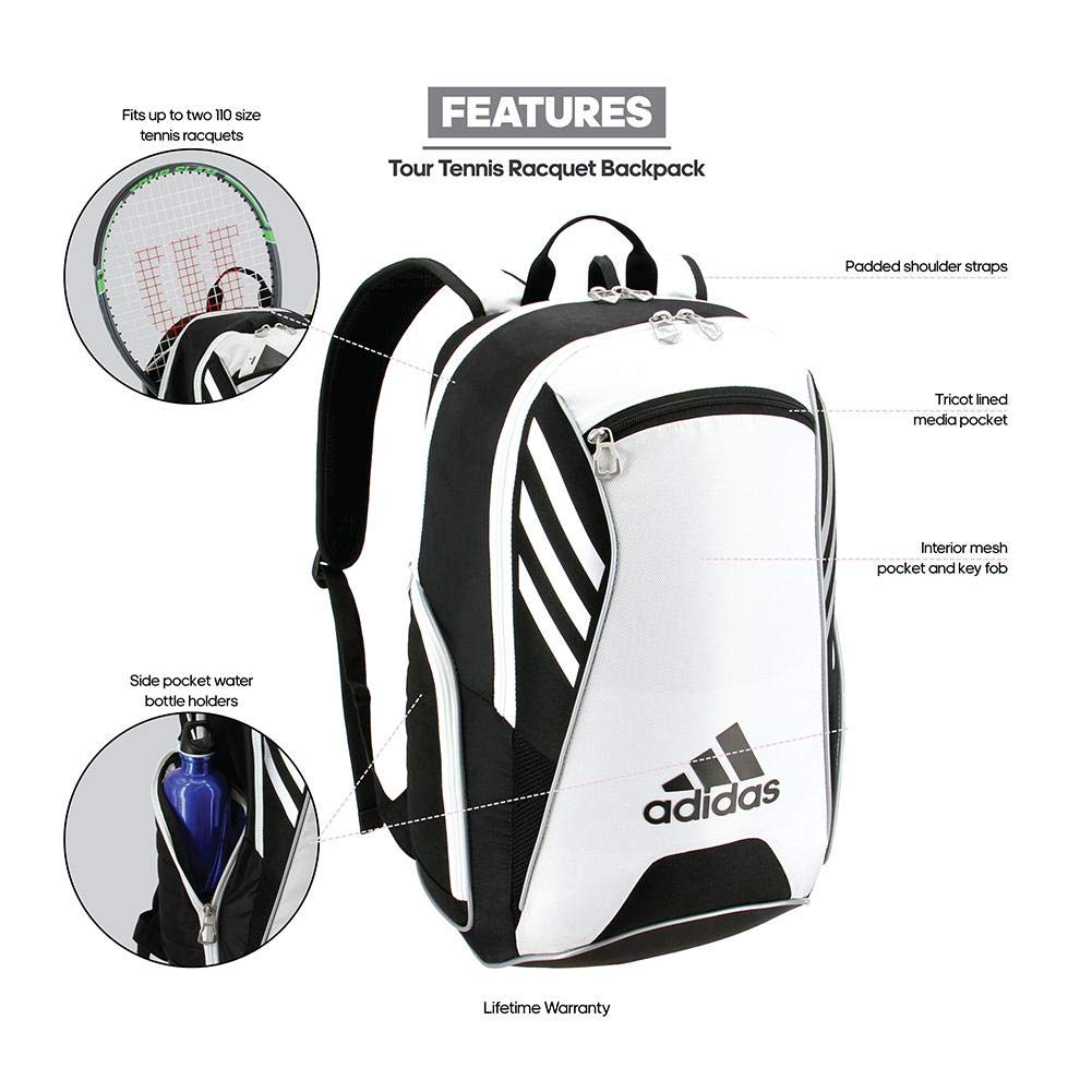 adidas Tour Tennis Racquet Backpack, Black/White/Silver Metallic, One Size