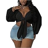 WDIRARA Women's Plus Size Sexy Deep V Neck Tie Front Long Sleeve Crop Tops Blouse
