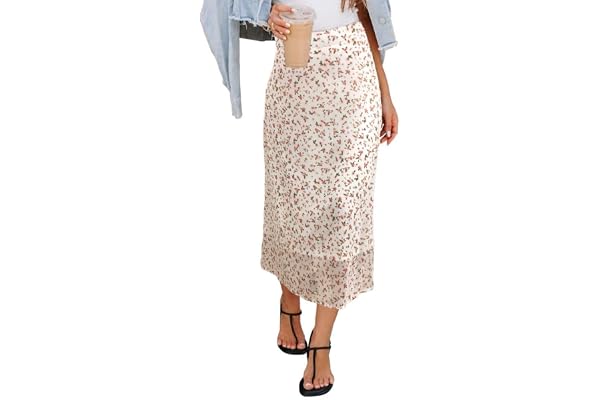 HERBATOMIA Women’s Midi Floral Print Skirt Vintage Long Boho Casual High Elastic Waist Zipper Skirts for Women