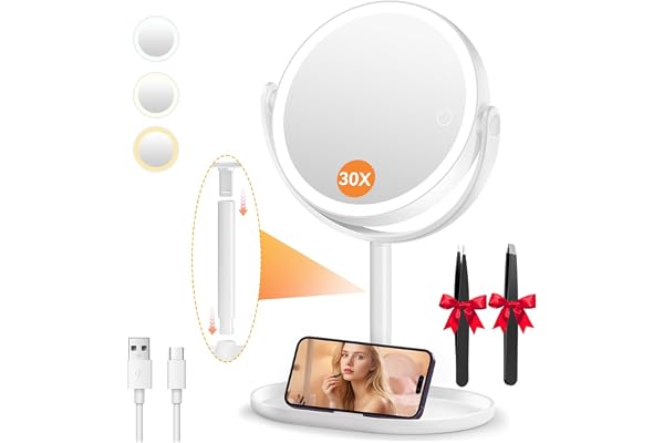 Auxmir 30X/1X Magnifying Mirror with Light, Double-Sided Makeup Mirror with Storage Base&Touch Control, Rechargeable Vanity M