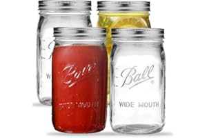 PEAKNIP Wide Mouth Mason Jars 32 oz. (4 Pack) - Quart Size Jars with Airtight Lids and Bands for Canning, Fermenting, Pickling, or DIY Decors and Projects - Bundled with Jar Opener