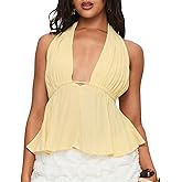 Women Crop Halter Cami Top Y2k Sleeveless Bow Tie Solid Color Cami Sexy Deep V Neck Backless Halter Tank Outwear