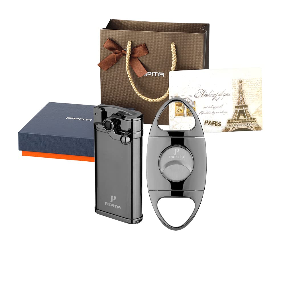 Cigar Torch Lighter Gift Set, Single Jet Lighter and Cutter, Windproof Lighter with Punch, Refillable Butane Pocket Firelighters with Nice Gift Box for Him Men (Without Gas)