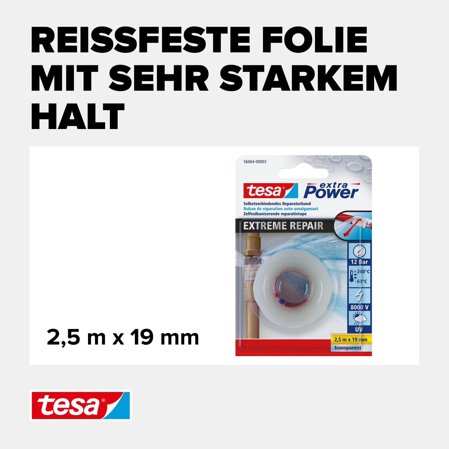 tesa extra Power Extreme Repair Reparaturband - Selbstverschweißendes Reparaturband aus Silikon zum Isolieren und Abdichten - 2,5 m - Transparent 3