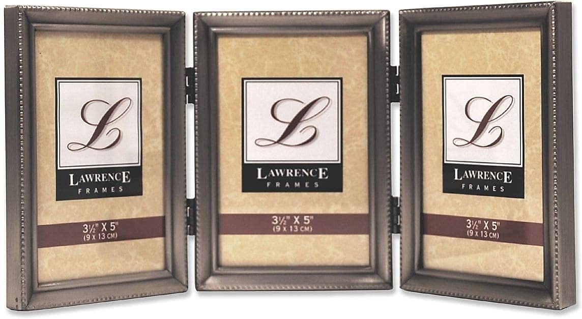 Lawrence Frames 11535T Antique Pewter Hinged Triple 3x5 Picture Frame - Beaded Edge Design — image 1