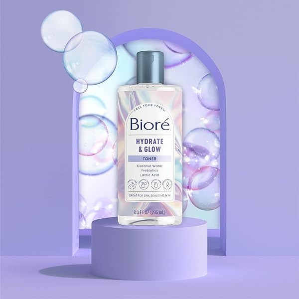 BIORÉ HYDRATE & GLOW 2% LACTIC ACID AND MALIC ACID, ALCOHOL FREE TONER, EXFOLIATING FACE TONER FOR DRY, SENSITIVE SKIN WITH COCONUT WATER, DERMATOLOGIST TESTED, FRAGRANCE FREE, 8 OZ, CLEAR (28119)