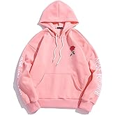 ZAFUL Mens Graphic Hoodies Essentials Hoodie Fleece Rose Letter Print Casual Drawstring Unisex Hooded Pullover Sweatshirt