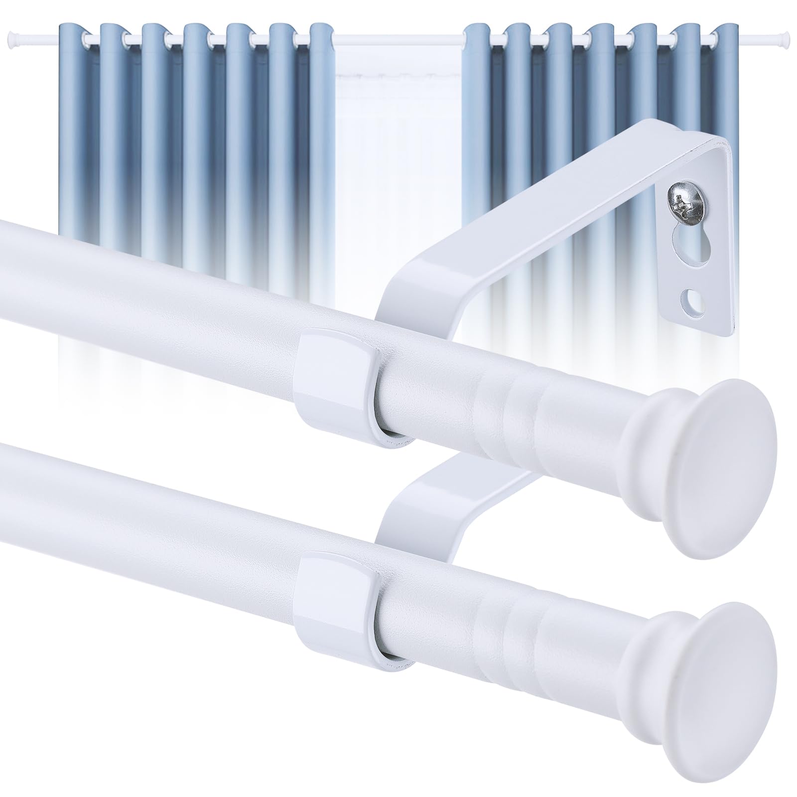 Harrms 2pcs Curtain Poles Matt White, 76-188cm, 16mm Voile Curtain Pole for Windows with Brackets and Cap Finials, Blackout Curtain Rod Metal Extendable for Eyelet Curtains