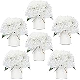 DIYDOFUN Flower Table Centerpieces - Set of 6 Floral Arrangement Artificial Wedding Hydrangeas Floral Arrangement with Rustic Metal Vase for Bridal Tea Party Event Decorations - White