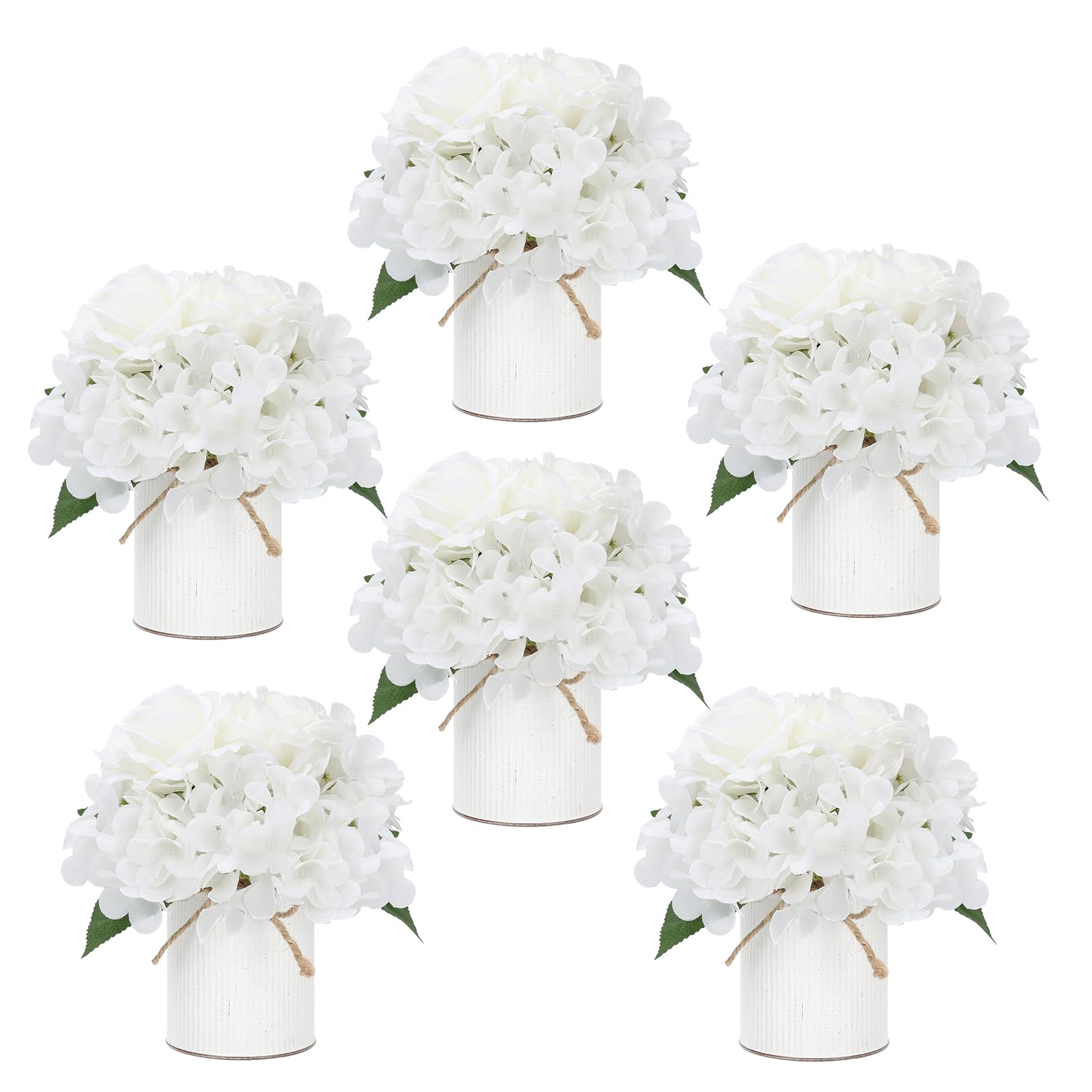 Photo 1 of DIYDOFUN Flower Table Centerpieces - Set of 6 Floral Arrangement Artificial Wedding Hydrangeas Floral Arrangement with Rustic Metal Vase for Bridal Tea Party Event Decorations - White