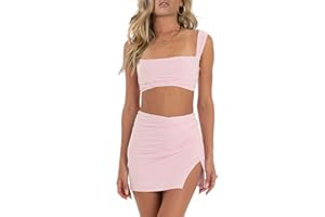 CSDAJIO Summer 2 Piece Outfits for Women Sleeveless Square Neck Crop Top Ruched Strappy Tank and Bodycon Mini Skirt