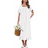 Ekouaer Cotton Nightgowns for Women Vintage Victorian Nightgown Short Sleeve Lace Night Gown Long Nightdress Soft Nightshirt