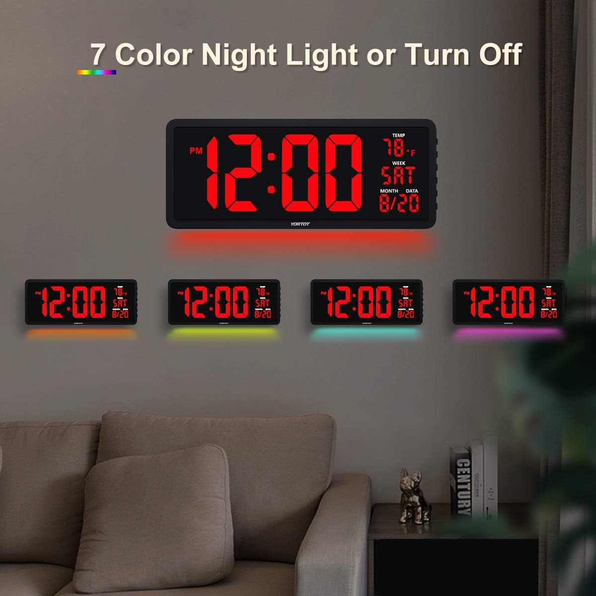 YORTOT 16” Large Digital Wall Clock with 7 Color Decor Night Light, 4 Level Brightness Dimmer, Remote Control, Big Red Number LED Display with Indoor Temperature, Date and 12/24H, DST, Fold Out Stand: Electronics