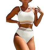 Zuvebamyo Women's High Waisted Swimsuit Two Piece Ribbed Bikini Sets Crop Top High Cut Cheeky Bathing Suits