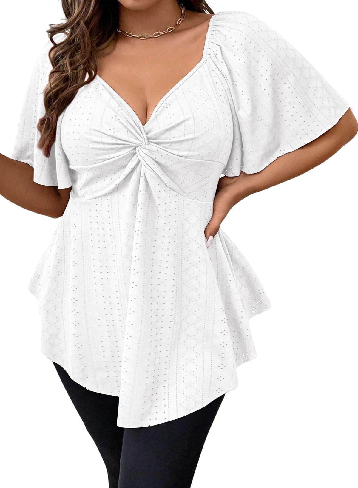 Photo 1 of Eytino Plus Size Womens Tops Summer Short Sleeve V Neck Twist Front Eyelet Embroidery Dressy Shirt Blouse,1X White