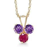 Gem Stone King 14K Yellow Gold Purple Amethyst and Red Ruby 3-Stone Pendant Necklace For Women (0.36 Cttw, Gemstone February Birthstone, Round 3MM, 18 Inch Chain)