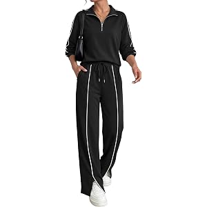 BTFBM 2 Piece Sets for Women Lounge Set Fall Outfits 2026 | 2 Piece Outfits,Long Sleeve,Solid,Half Zip,Wide Leg Pants,Matchin