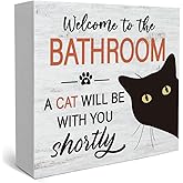 Funny Bathroom Decor Wooden Box Sign Welcome to The Bathroom A Cat Vintage Black Cat Sign for Home Toilet Restroom Shelf Tabletop Desk Cats Lover Mom Dad-115