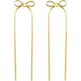 Rbenxia Bow Earrings for Women, Gold Plated Bow Dangle Drop Earrings, Long Tassel Chain Ribbon Bowknot Trendy Prom Earring Gold Jewelry Gifts for Her