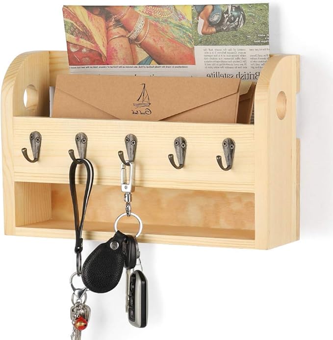 Wood Letter & Key Rack Holder Wall Mounted with 5 Key Hooks Organizer Hanger Mail Sorter for