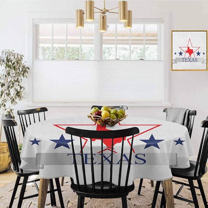 shirlyhome Texas Star Round Outdoor Tablecloth San Antonio Dallas Houston Austin Map with Stars Pattern USA Fitted for Circular Table Navy Blue Vermilion Pale Grey (Diameter 60")