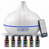 550ml Essential Oil Diffuser with Remote Control,6 Aromatherapy Oils | Humidifier for Home Decor,Diffuser with Remote Control,7 Color LED Light for Home Office Decoration White Wood Grain