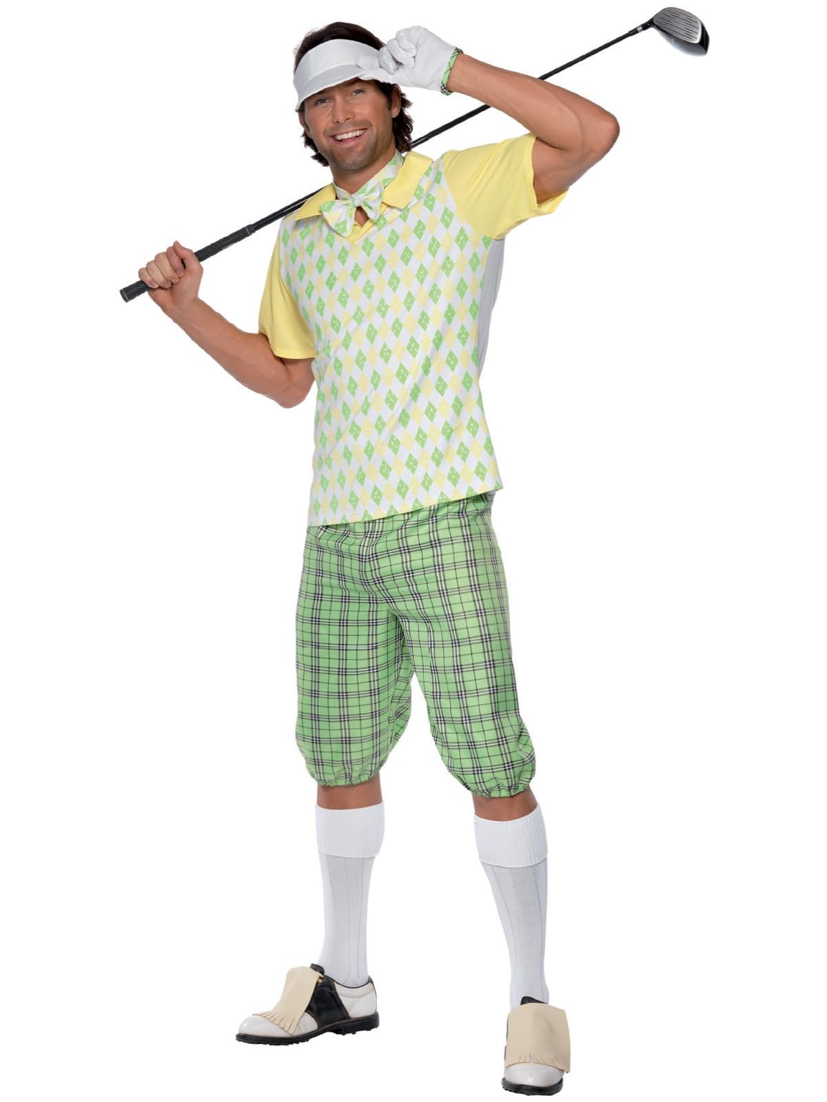 Smiffys Gone Golfing Costume, Retro Golfer Outfit with Green Visor, Check Shorts, Diamond Print Top, Bow Tie & Glove, 1970s Themed Fancy Dress, Adult Men's Novelty Dress Up Costume Small