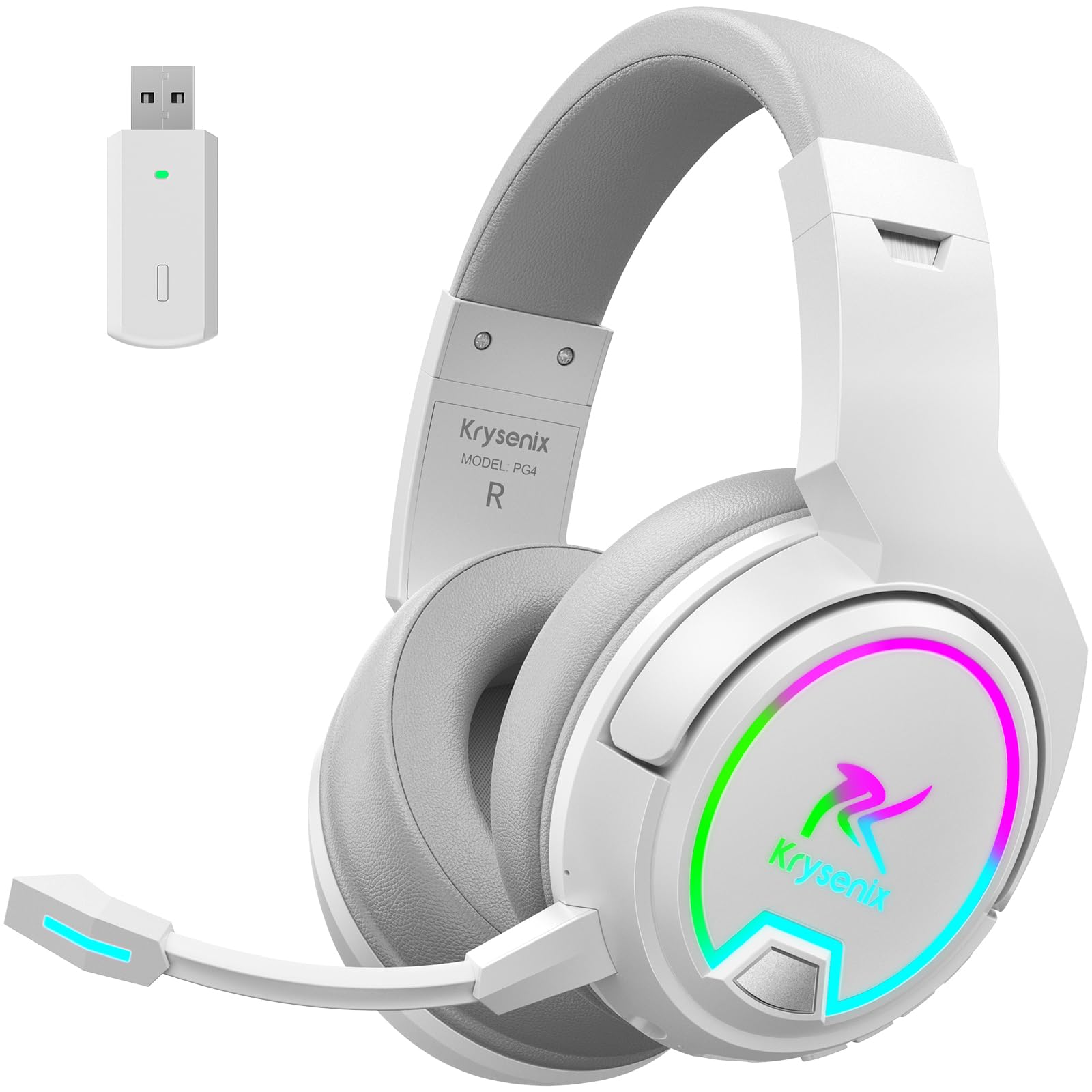 Krysenix PG4 RGB Wireless Gaming Headset for PS4, PS5, PC - 2.4GHz 7.1 Surround Sound, Bluetooth Gaming Headphones with Removable Microphone, 48-Hour Battery for Laptop Switch Mac (White)