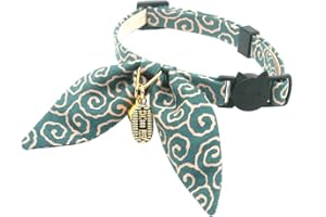 PetSoKoo Bunny Ears Cat Collar, Japan Lucky ‘開三運’ Charm. Safety Breakaway Bowtie Kitten Collar with Bell, Light Blue