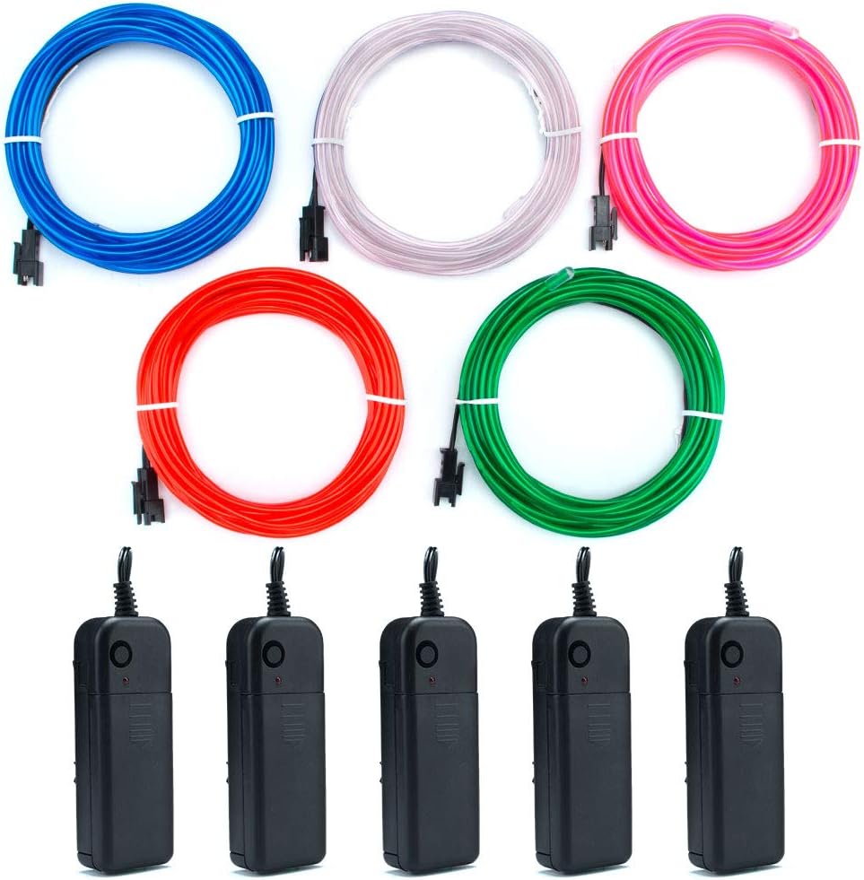 EL Wire Kit 9ft, Portable Neon Lights for Parties, Halloween, Blacklight Run, DIY Decoration (5 Pack, Each of 9ft, Red, Green, Pink, Blue, White)