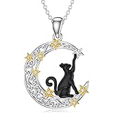 LWXIE Diamond Black Cat Necklace for Women 925 Sterling Silver Cat on Moon and Star Pendant Necklace with Lab Grown Diamonds Jewelry Gifts